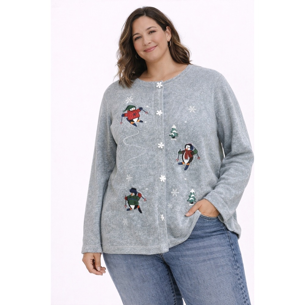 Katherine‎ Bishop Fleece Cardigan Women L Grey Penguin Skiing Snowflake Winter